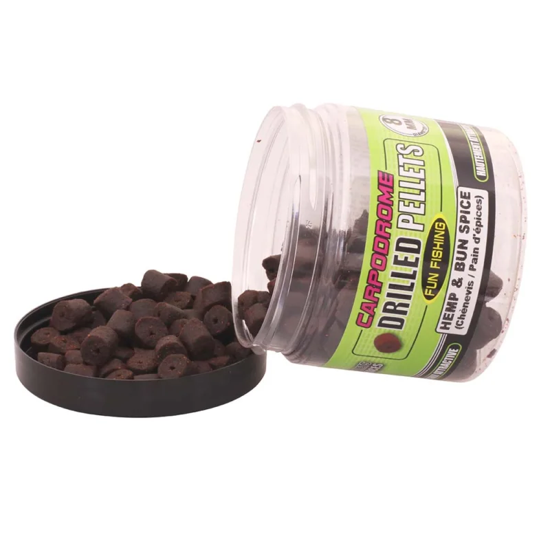 Meilleur Prix Pellets percés FunFishing Drilled Pellets 8mm (pot de 80g) chénevis/pan d‘épices