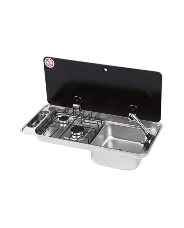 Vente Directe Plaque de cuisson 2 feux et évier avec couvercle - évier à droit - avec bonde et robinet